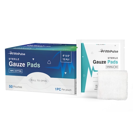 Fifthpulse Sterile Gauze Pads 4 in. x 4 in. Individually Packed Pouches, 100% Cotton, 50PK FMN100653